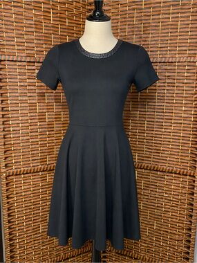 Madewell Black Fit & Flare Dress with Leather Trim Neckline Size XS